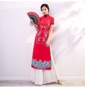 Women red Chinese dresses qipao dresses Ao Dai cheongsam catwalk two-piece long miss etiquette dresses stage costumes