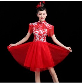 Women red chinese style drummer performance dresses modern dance gogo dancers stage performance dresses