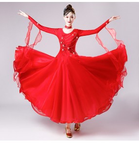 Women red colored ballroom dance dresses diamond-studded competition skirt Ballroom dance performance dress waltz dress big foxtrot dance swing skirt