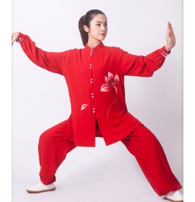 Women red colored with lotus pattern Tai chi clothing elegant chinese wushu kung fu performance tai ji quan uniforms training clothes for female