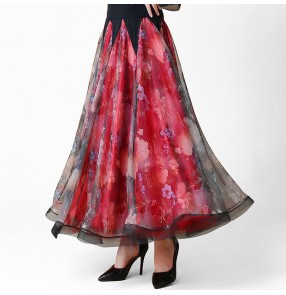 Women red floral ballroom dance skirts waltz tango stage performance tango waltz foxtrot dance skirts for female 