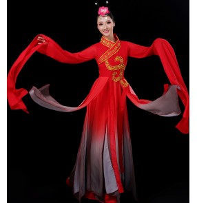 Women red gradient chinese classical folk dance performance costume fairy water sleeves dance dresses hanfu princess dance Chinese style suit