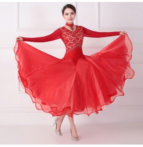 Women red lace ballroom dance skirt ballroom dance dresses long sleeves ballroom dance costumes standard smooth waltz tango performance dresses