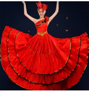 Women red paso double flamenco dance dresses Opening dance big swing skirt female Spanish flamenco bull dance dresses ballroom dance stage costumes