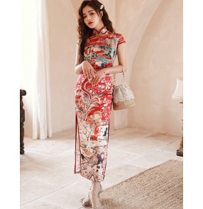 Women red printed chinese dresses oriental retro qipao dress Chinese wedding party cheongsam improved dress wedding banquet dress