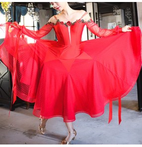 Women red rose flowers ballroom dancing dresses stage performance waltz tango dance dresses