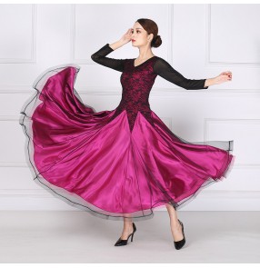 Women red royal blue fuchsia lace ballroom dance dress stage performance waltz tango foxtrot smooth dance long dresses swing skirts