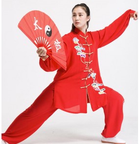 Women Red Tai Chi Clothing female spring autumn embroidered three-piece Morning exercise kungfu Wushu suit Chinese style Tai ji quan suit