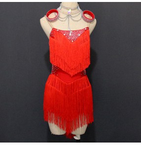 Women red tassels competition latin dance dresses rumba salsa chacha dance skirts dress