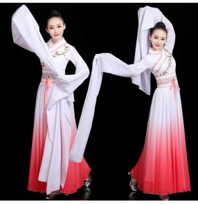 Women red white gradient hanfu waterfall Sleeve Chinese traditional folk dance costumes Classical Jinghong Dance fairy princess Performance dresses for Female