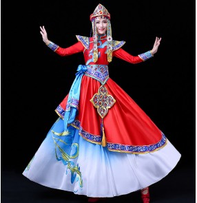 Women Red with blue Mongolian dance dress Chinese ethnic minority dance costumes Mongolia modern dance top bowl dance chopsticks dance costumes