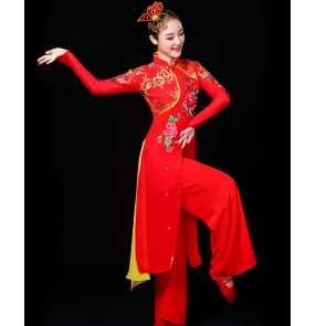 Women red with gold chinese folk dance costume waist drum umbrella fan yangko dance costume lion dragon dance clothes for adult female