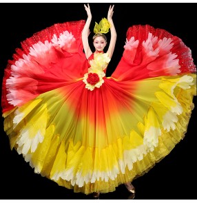 Women red with gold petals flamenco dance dress spanish bull dance skirts Paso Doble Performance costumes opening ballroom dance dresses for female