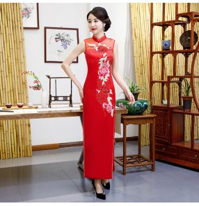 Women red yellow chinese dresses traditional oriental cheongsam qipao dresses daily banquet performance catwalk waiter miss etiquette show host dress