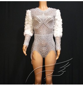 Women rhinestones Ring acrobatics singer jazz dance dj ds stage performance jumpsuits skin color with white rhinestone pearl bodysuits for female canival prom party gogo dance catsuits for women