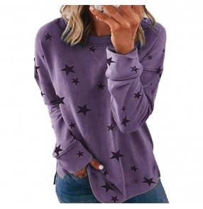 Women round neck Loose plus size long-sleeved T-shirt star printed casual sweater tops for female