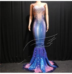Women royal blue color singers model stage performance beaded mermaid dress Car model host rhinestone bling mermaid tail dresses prom party long dress for lady
