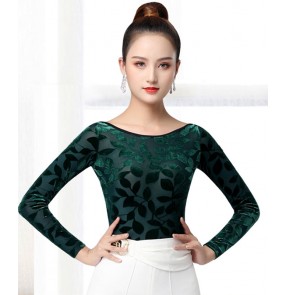 Women royal blue dark green velvet Latin dance clothes boat neck Modern dance practice tops ballroom dance clothes three-step blouse