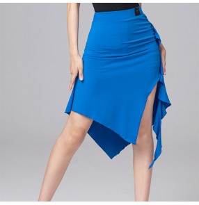 Women royal blue side slit latin dance skirts fringe salsa ballroom chacha dance skirts for woman