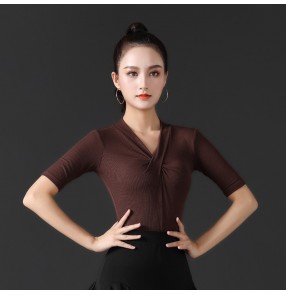 women's adult Ballroom black red coffee latin dance tops national standard modern short-sleeved ballroom dance practice performance dance shirts for female