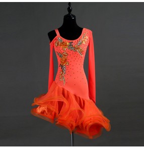 Women's adult latin dresses  long sleeves rhinestones orange color samba salsa chacha rumba dancing dress skirts 