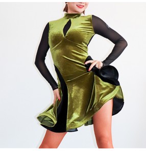 Women's army green velvet latin dance dresses salsa rumba chacha dance dresses for female 