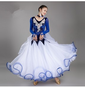 Women's ballroom competition dance dress for girls female lady long sleeves rhinestones performance tango waltz dance big skirted dress