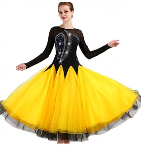 Women's ballroom competition dresses diamond black and yellow patchwork long sleeves professional waltz tango dancing 