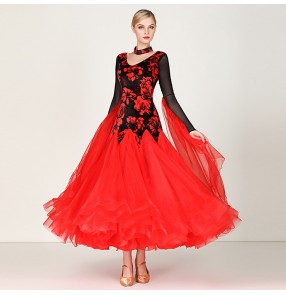 Women's ballroom dance dress  red white colored flamenco velvet floral rose waltz tango dance dresses for girls female lady