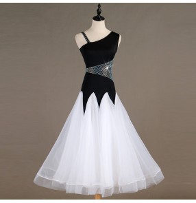 Women's ballroom dance dresses black with white rhinestones children waltz tango dance skirts costumes