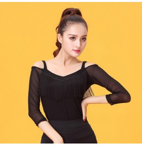 Women's ballroom dance tops black color tassels dew shoulder ballroom tango waltz dancing blouses