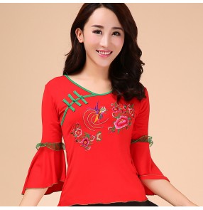 Women's ballroom dance tops latin dance blouse shirts stage performance flare sleeves modern square dance tops for female