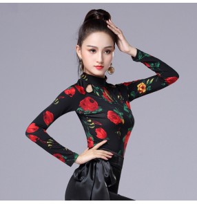 Women's ballroom dance tops red rose floral printed long sleeves competition professional samba salsa rumba latin dance shirts tops