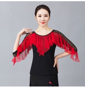 Women's ballroom dance tops red yellow ruffles neck stage performance professional salsa rumba samba dancing blouses