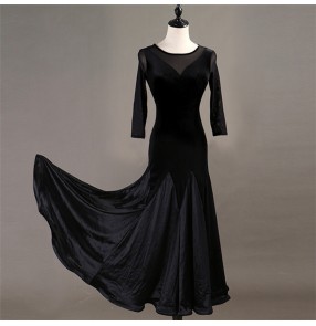 Women's ballroom dancing dresses black velvet long sleeves professional waltz tango dancing skirts dress