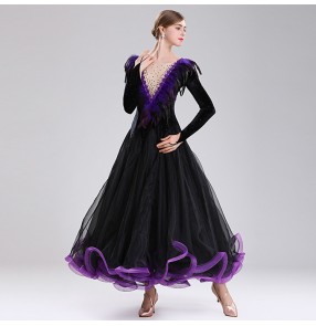 Women's ballroom dancing dresses black with purple feather professional waltz tango flamenco dancing dresses