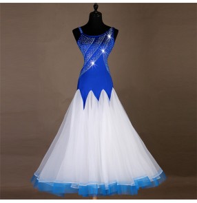 Women's ballroom dancing dresses competition royal blue and white rhinestones professional waltz tango dancing dresses skirts costumes