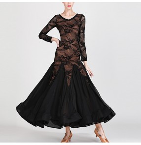 Women's ballroom dancing dresses girls female lace black red colored waltz tango exercises stage performance long dresses