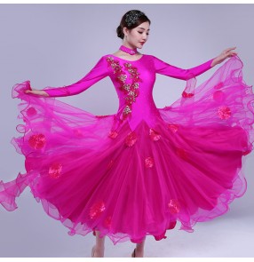 Women's ballroom dancing dresses hot pink red colored flowers tango waltz ballroom dance dresses