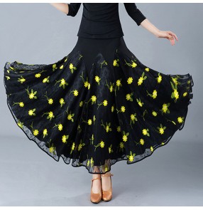Women's ballroom dancing skirt black with yellow flowers competition waltz tango dancing skirt for female lady