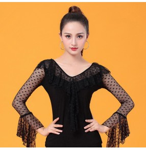 Women's ballroom dancing tops for female mesh long sleeves competition stage performance latin salsa chacha dancing blouses