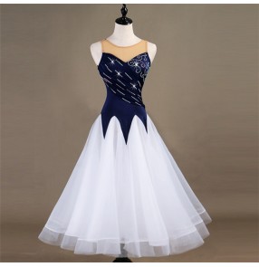 Women's ballroom dresses children competition waltz tango navy rhinestones professional long length skirts dresses