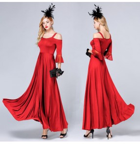 Women's ballroom dresses female red dew shoulder half sleeves tango waltz competition dresses