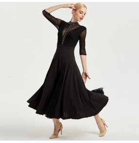 Women's ballroom dresses turquoise black waltz tango dancing dresses lace long sleeves professional dress