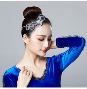 Women's ballroom latin competition stage performance headdress square Chinese folk modern dance diamond head accessories for female girls