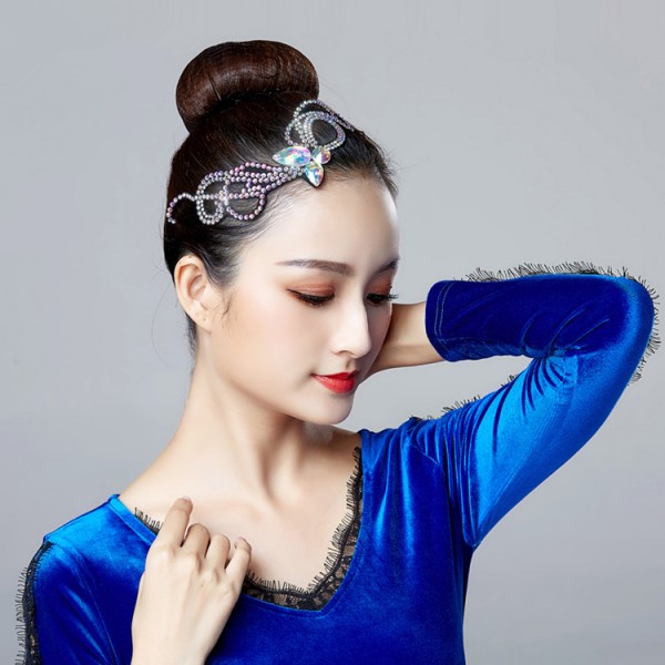 Women's ballroom latin competition stage performance headdress square  Chinese folk modern dance diamond head accessories for female girls