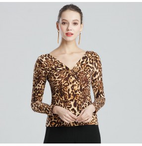 Women's ballroom latin dance tops leopard black stage performance competition professional rumba chacha dancing blouses