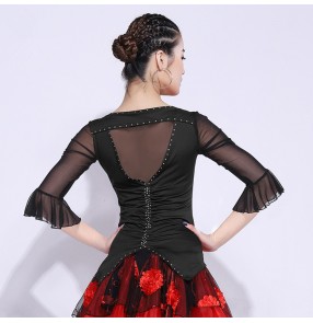 Women's ballroom latin tops modern dance square flamenco dance salsa chacha rumba dance blouses 