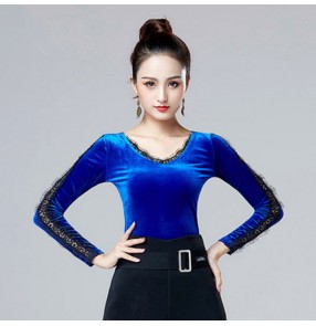 Women's ballroom waltz tango dance tops velvet long sleeves professional stage performance latin samba chacha dance shirt for female