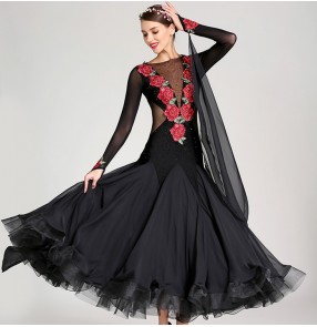 Women's ballroom waltz tango dancing dresses flamenco rose rhinestones performance skirts costumes dress